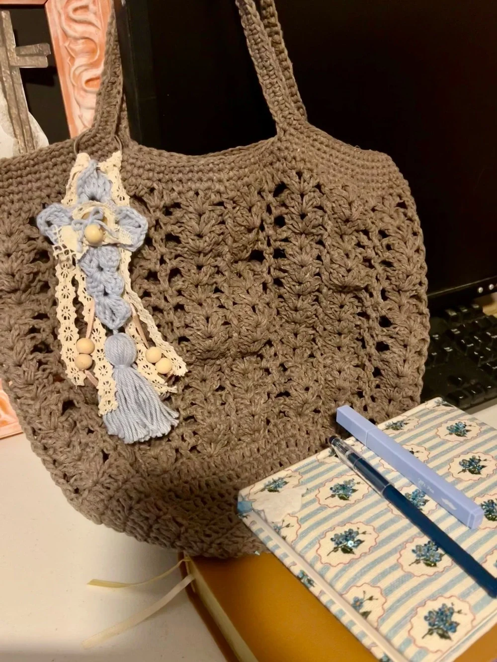 Handmade Crochet Tote Bag with Blue Tassel Charm